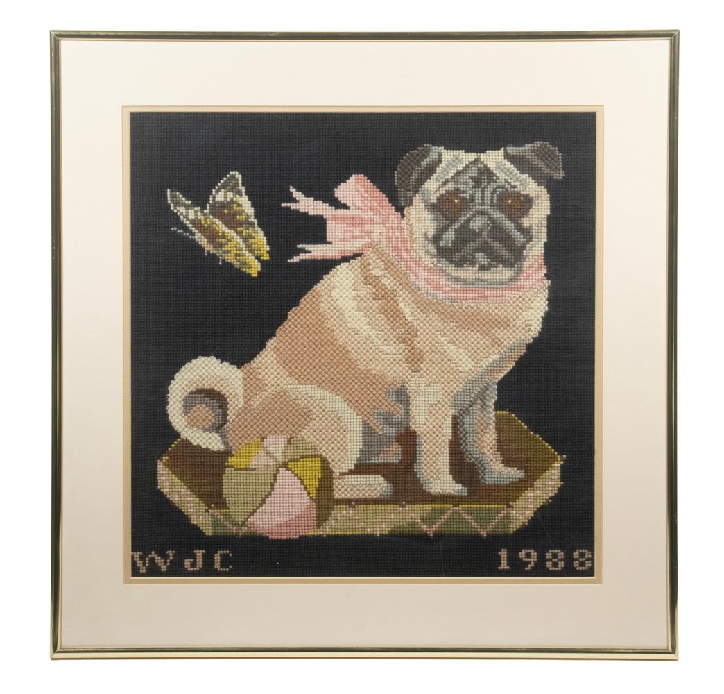 WENDY JONES CARTWRIGHT, EMBROIDERY ARTIST: Portrait of a Pug Dog with Butterfly, complex stitchwork, initialed lower left, dated 1988, in gold casement frame, matted under glass. OS: 21 x 21 in. (53.3 x 53.3 cm.) SS: 15 1/2 x 15 1/2 in. (39.4 