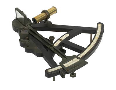 19TH C. BRITISH MARINE SEXTANT: Ebony and Rosewood Sextant with brass eyepiece, engraved ivory register, and manufacturer's plate that reads "H. Hughes & Son, 59 Fenchurch St., London". No case. Fine, usable condition. OS: 4 x 11 x