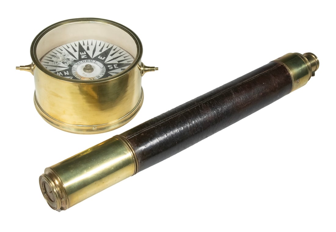 19TH C. MARINE LONG GLASS & DRY COMPASS: Single Draw 34" Long Glass with leather wrap, brass furniture including lens covers, unmarked, stiff draw, 20" closed; PLUS Brass Cased Dry Compass by Robert Merrill of New York, retaining gimbal axle