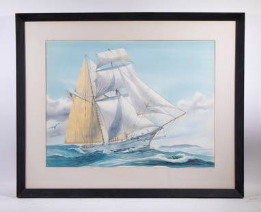 EARL G. BARLOW (ME, 1923-2013): Brigantine Underway, Approaching Storm, watercolor on paper, signed lower left, dated 1964 lower right, in black mitered frame, matted under glass. OS: 25 1/2 x 31 1/2 in. (64.8 x 80 cm.) SS: 17 1/2 x