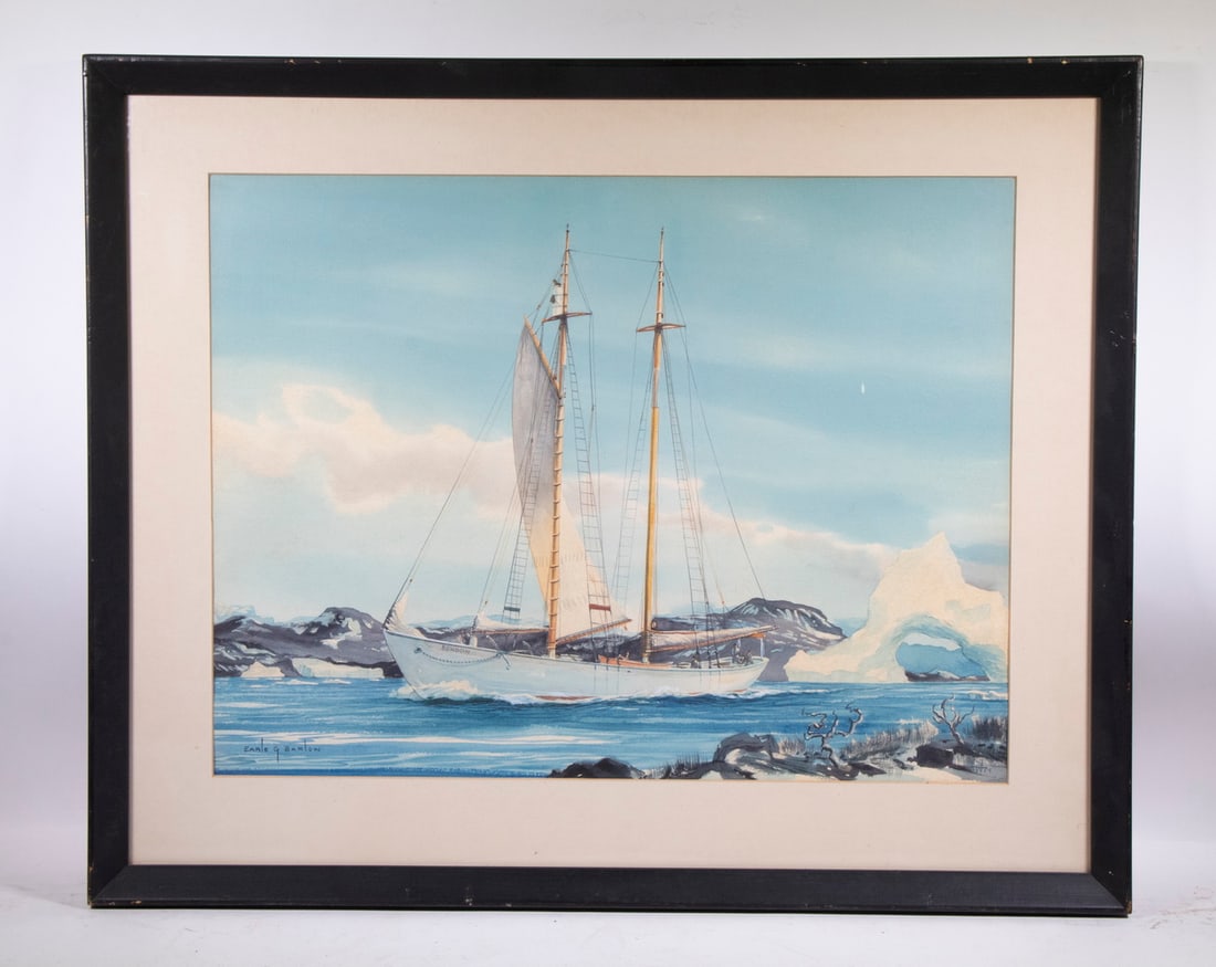 EARL G. BARLOW (ME, 1923-2013): The Arctic Schooner "Bowdoin" shown Threading an Inlet with one sail running, watercolor on paper, signed lower left and dated '69 lower right, in black mitered frame, matted under glass.Built in East