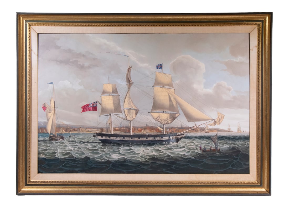 EARLE G. BARLOW (ME, 1923-2013): 'HMS Orion' after Robert Salmon, oil on masonite, signed lower right, faded label verso, she is shown departing Southampton, in gold and black cove frame with linen liner. OS: 30 1/2 x 42 in. (77.5 x