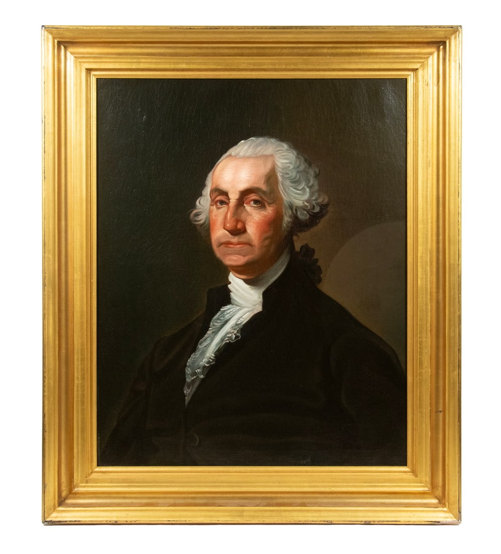 AFTER GILBERT STUART, EARLY 19TH C.: President George Washington, after the original by Stuart, executed in the Federalist period, well-rendered oil on canvas, unsigned, retaining the original lap stretcher, in bright lemon gold molded c