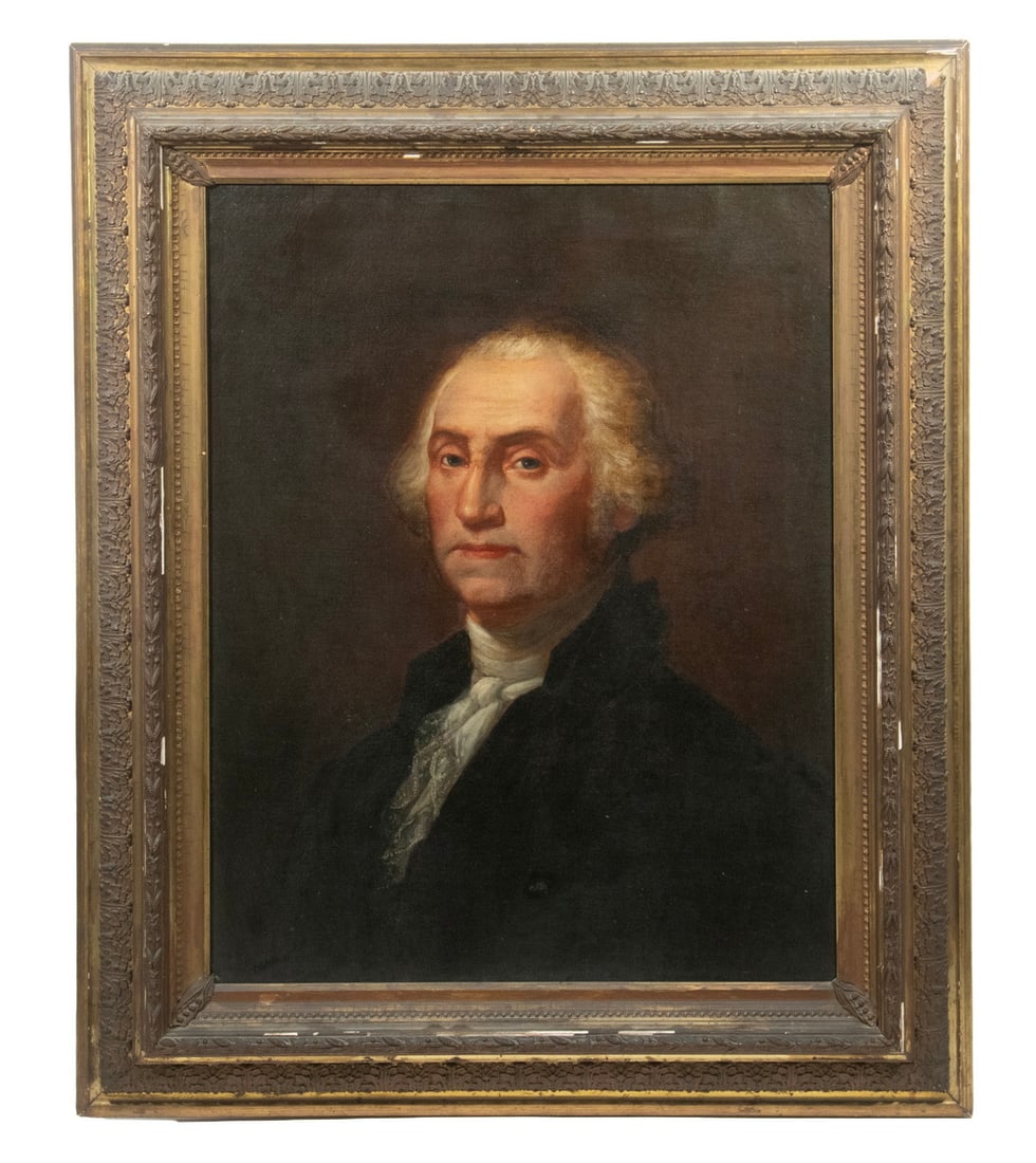 CONSTANTINO BRUMIDI (DC, 1805-1880) AFTER GILBERT STUART (MA/RI/UK, 1755-1828): Bust Portrait of George Washington, oil on canvas, unsigned, with old handwritten note verso that reads "A copy of a Gilbert Stuart painted by Constantino Brumidi, who did the frescoes in the Capitol,