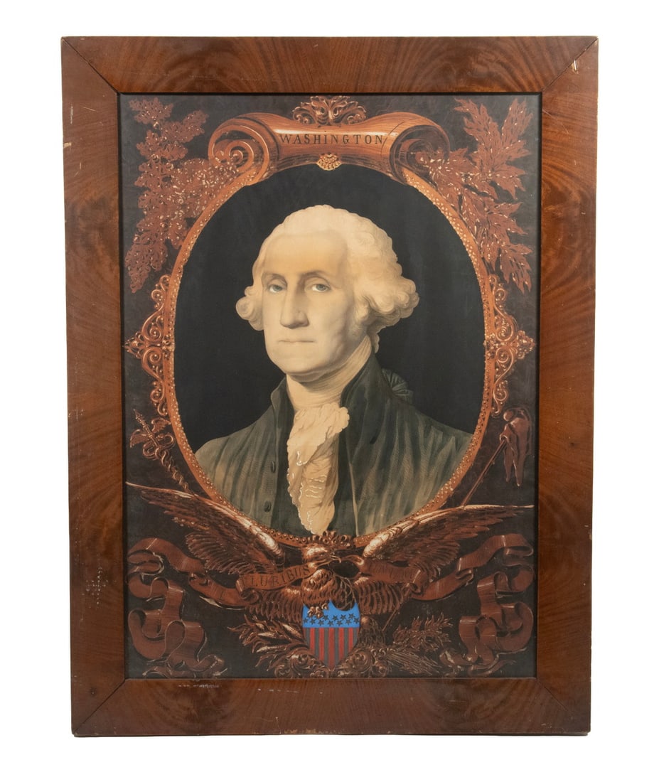 LARGE CENTENNIAL PRINTED PORTRAIT OF WASHINGTON AFTER STUART: Chromolithograph, of public display scale, after Gilbert Stuart bust portrait, with integral oval spandrel having "E Pluribus Unum" spread eagle at bottom. In faux-grain painted mitered frame, under n