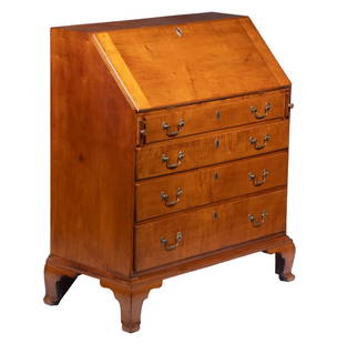 18TH C. TIGER MAPLE SLANT LID DESK: American Country Chippendale Slant Front Desk, in maple with rampant tiger maple drawer fronts, with exposed dovetailed top, lid with breadboard ends, interior fitted with fourteen drawers and one cen