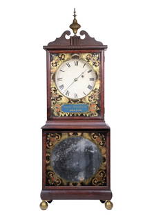 RARE AARON WILLARD, JR. BOSTON BRACKET CLOCK: Mahogany case with broken arch-shaped pediment with brass finial. Reverse-painted glass doors on the top and bottom. The bottom glass is mirrored. Ending on brass ball feet. Dish-form dial with/rectan