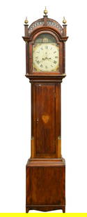 TALL CLOCK BY BENJAMIN SWAN (1792-1867) OF AUGUSTA, MAINE: Signed Mahogany and Birdseye Maple Case Chippendale with inlaid heart on throat door, having fretwork bonnet with brass finials and ringed full round columns with brass fittings, four day time and str