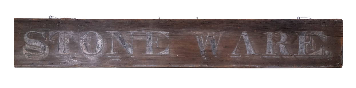 WOODEN: 19th c. Rectangular Single Sided Sign, with sandpaper painted letters on a black ground. Weathered surface.From the estate of Linda Bean. OS: 94 x 14 in. (238.8 x 35.6 cm.)