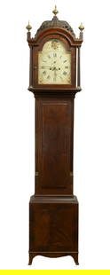 GRANDFATHER CLOCK BY JOSHUA TOLFORD OF SACO, MAINE: Signed Painted Pine Case Country Chippendale, with filigree bonnet having brass finials and simple full round columns with brass fittings, four day and strike brass works, painted steel dial with plum