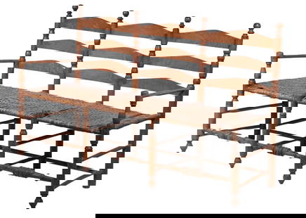 PENNSYLVANIA LADDER BACK SETTEE: Rare 18th Triple Seat Settee, with turned posts, splint woven seat, set on eight legs, seat splint losses.From the estate of Linda Bean. OS: 36 x 53 x 18 1/2 in. (91.4 x 134.6 x 47 cm.)