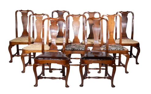 SET OF (9) RARE BALLOON SEAT 18TH C. QUEEN ANNE WALNUT DINING CHAIRS: With a nicely turned stretcher base, ending on a pad foot with assorted slip seat coverings in Old French Polish surface. 5 are in a gold floral brocade fabric, 2 have floral needlepoint, and 2 have b
