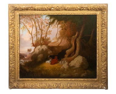 ALVAN FISHER (MA, 1792-1863): Livestock in Pastoral Setting under Ancient Tree near River Valley, oil on canvas, unsigned, in deep gold gesso frame, repaired puncture upper right, fine overall craquelure. OS: 33 x 38 in. (83.8 x 9
