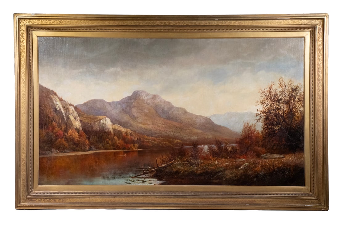 MANNER OF WILLIAM MASON BROWN (NY/NJ, 1828-1898): Autumn in the Adirondacks, monumental landscape, oil on canvas, unsigned, in later gold molded panel frame, relined, minor frame loss. OS: 36 x 57 1/2 in. (91.4 x 146.1 cm.) SS: 27 1/2 x 49 in. (69.9