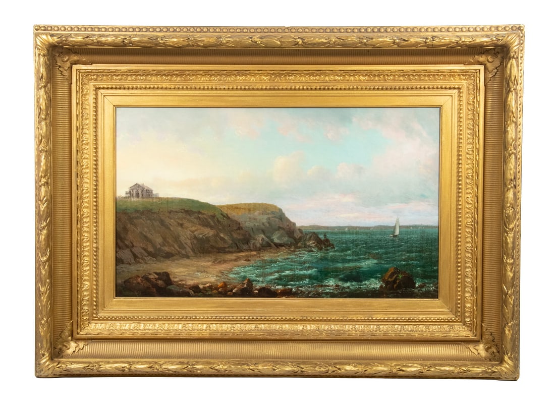 JOHN WHITE ALLAN SCOTT (MA, 1815-1907): New England Coast, depicting a colonial house on a promontory overlooking the ocean, oil on canvas, initialed "JWS" lower left, supplier's stencil verso from Frost & Adams, 33 & 35 Cornhill, Boston, d