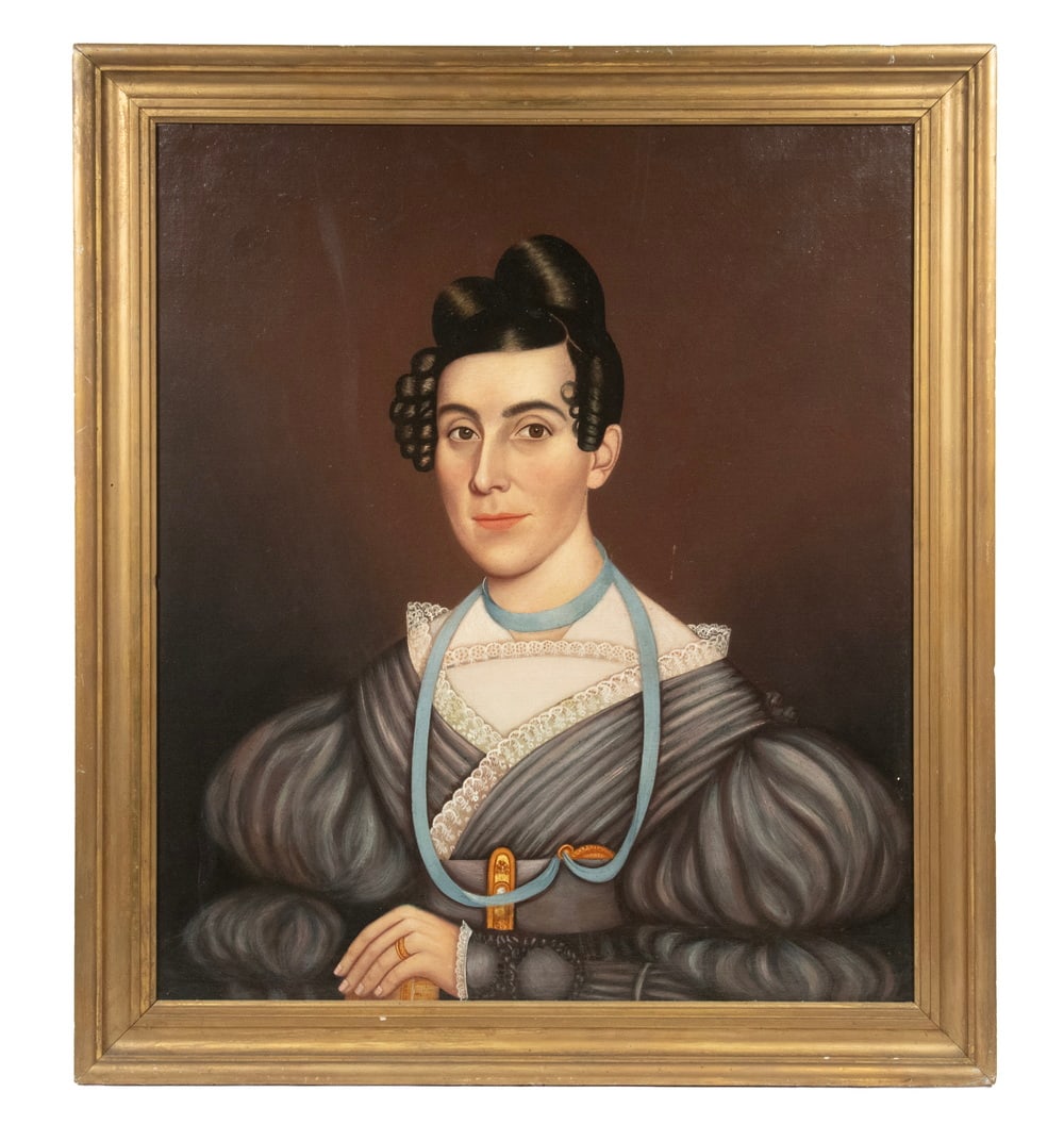 ZEDEKIAH BELKNAP (MA/NY/CT, 1781-1858): Lively Young Lady of Society, her black hair coiffed with ringlets, her brown eyes fixed on the viewer with a fleeting smile on her face, a gold locket on pale blue ribbon with gold belt buckle and we
