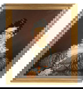 ZEDEKIAH BELKNAP (MA/NY/CT, 1781-1858): Lively Young Lady of Society, her black hair coiffed with ringlets, her brown eyes fixed on the viewer with a fleeting smile on her face, a gold locket on pale blue ribbon with gold belt buckle and we