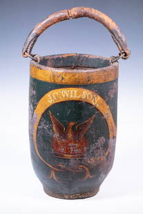 EARLY PAINTED LEATHER FIRE BUCKET FROM NAHANT-LYNN MASS WILSON FAMILY: Painted Leather Private Fire Bucket named to J.C. Wilson, having the badge of a burning Phoenix, the symbol of the industrial town of Lynn, Massachusetts, which endured several great fires in the 19th
