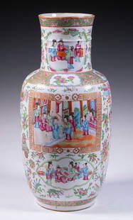 CHINESE CANTON ROSE MEDALLION VASE: Qing Dynasty Porcelain Vase, 19th c., with paneled decoration of female figures, surrounded by floral and auspicious motifs, having a cylindrical neck with two raised bands. OS: 17 1/2 x 7 1/2 in. (44