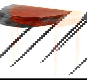 FEDERAL PERIOD MASSACHUSETTS CARD TABLE: Sheraton Mahogany Card Table, probably Boston, circa 1800-1815, having a stepped bow front with serpentine ends, the top with a hinged leaf, conforming shaped frieze in flame-figured veneer with centr