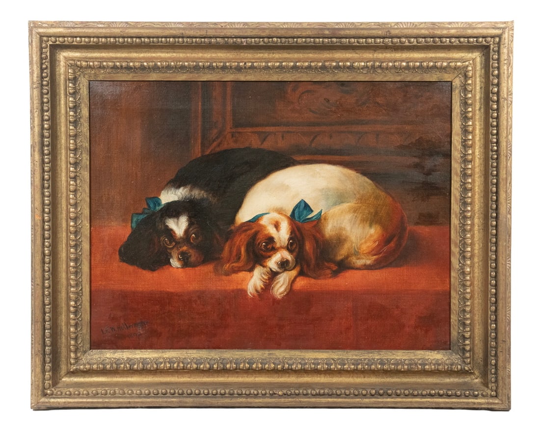IVYSTAN HETHERINGTON (UK, ACTIVE 1875-1904): A Pair of King Charles Spaniels, each with a blue silk ribbon bow at their neck, reclining together on a wine cushion in front of a tapestry, oil on linen, signed lower left "IFW Hetherington" and dat