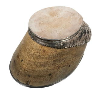 VICTORIAN SILVER-PLATE MOUNTED HOOF INKWELL: 19th c. Commemorative Inkwell, crafted from a horse hoof with silver-plate mounts, stamped Lund, Fleet Street, London, the lid engraved "Colleague by Hurworth out of Lady Monteagle, died 1869". OS: 3