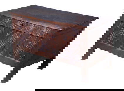 EARLY ENGLISH OAK COFFER: 17th c. Joined Lift Top Trunk, with molded edge top, the paneled front with 17th c. lunette, pinwheel and diamond carved motifs, paneled sides and back, 25" high, 46" x 21". Replaced hinges, hole in b