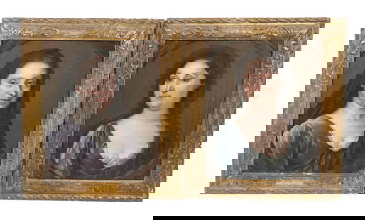 PAIR OF PORTRAITS CIRCLE OF JOHN VERELET (UK, 1648-1734): Bust Portraits of Two Women, in blue and lavender velvet dresses and black lace mantles, probably the two are related, oil on canvas, unsigned, retaining the original gilt matched corner frames, with