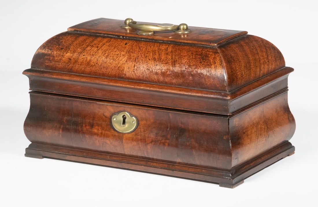 CASKET TOP 19TH C. BRITISH BOMBE WALNUT TEA CADDY W/ BOTTLES (1 of 4)