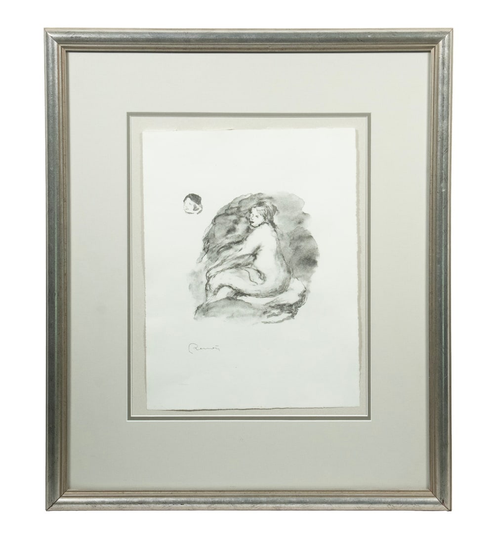 PIERRE AUGUSTE RENOIR (FRANCE, 1841-1919): Nude with Sketch of Small Head, lithograph, signed on the stone, ref: Loys Delteil #43, with 1967 receipt from Art Collectors Company, NY, in silver molded frame, floated within mat under glass. OS: 2