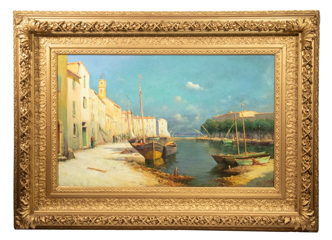 CHARLES MALFROY (FRANCE, 1862-1918): Sun Drenched Mediterranean Fishing Town, oil on canvas, signed lower right, in original large ornate gold painted gesso frame. OS: 41 x 57 in. (104.1 x 144.8 cm.) SS: 25 x 40 in. (63.5 x 101.6 cm.)