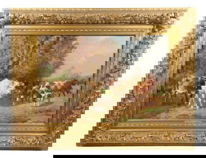 AYMAR ALEXANDRE PEZANT (FRANCE, 1846-1916): Cows in Pasture, oil on canvas, signed lower right, in deep cove gilt gesso frame with nametag, relined, cleaned, and restored. OS: 27 1/2 x 35 1/2 in. (69.9 x 90.2 cm.) SS: 17 x 25 in. (43.2 x 63.5 c