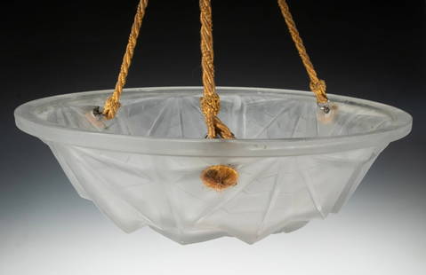 DEGUE FRENCH ART GLASS PENDANT CHANDELIER: Art Deco Frosted Glass Hanging Light Fixture, circa 1930, with geometric relief molded glass shade, signed "Degue", top edge embossed "557", with triple woven gold rope hanging cord, single (European)
