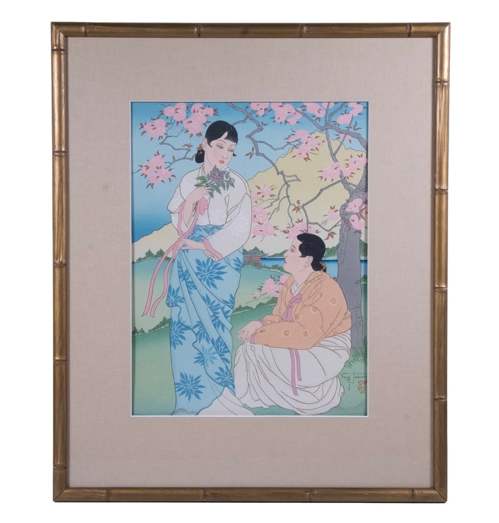 PAUL JACOULET (FRENCH, 1896 1960), DANS LE JARDINS RESERVES DU PALAIS. SEOUL: COREE: This print depicts two women dressed in traditional Korean hanbok standing beneath a blossoming cherry tree in a serene palace garden. The figure on the left gently clasps a bouquet, while the seated