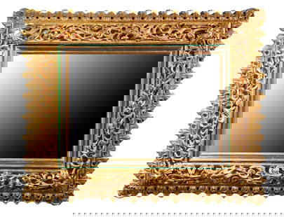 ITALIAN ROCOCO GILTWOOD MIRROR: Large 19th c. Gilded Mirror, the pierced surround depicting birds among scrolling vines and with corner mirrored appliques, with a gold glass liner below the frame; the inner edge with two glass surro