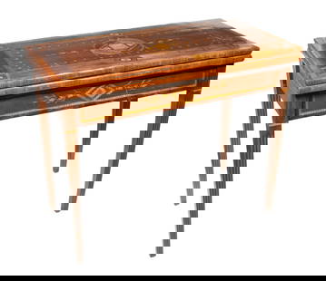 ITALIAN NEOCLASSICAL MARQUETRY GAMES TABLE: Late 18th - Early 19th c. Inlaid Card Table, likely crafted in the Lombardy region, in fruitwood, rosewood, ebony, and other exotic woods, the top and frieze with intricate inlaid medallions, fans, an