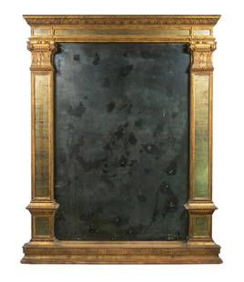 LARGE 19TH C. ITALIAN GILT MIRROR: Florentine style, with eglomise reverse painted elements in the border, architectural carved elements featuring Corinthian capitals, entablature, and pediment, 46" x 38", one small crack at top. 46" x