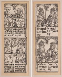 (2) FRAMED SETS OF PAIRS OF 16TH C. GERMAN WOODBLOCKS: Woodcut illustrations from "The Triumphal Arch of Maximilian", 1559, third edition, including "The Emperors Ferdinand Heinrich VI; Ludwig Heinrich VII" (B.138; 17.251), partial: PLUS "Four Members of