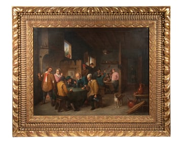 18TH C. DUTCH TAVERN SCENE IN MAGNIFICENT GILTWOOD FRAME
