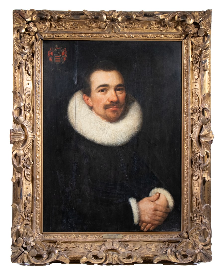 ATTRIBUTED TO FRANS HALS (NETHERLAND/BELGIUM, 1580-1666): Portrait of Dark-Haired Bearded Young Man, having a feathery ruff and fur cuff trim, oil on cradled hand planed thin oak panel, Coat-of-Arms upper left, with date of AD 1617 below. Housed in an early