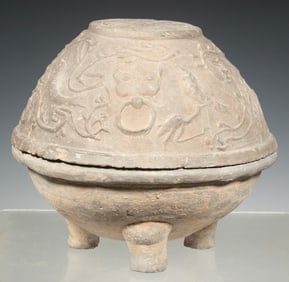 ANCIENT CHINESE POTTERY COVERED CENSER, HAN DYNASTY