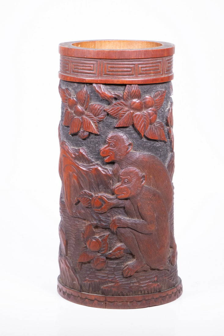 19TH C. CHINESE MONKEY CARVED BAMBOO VASE