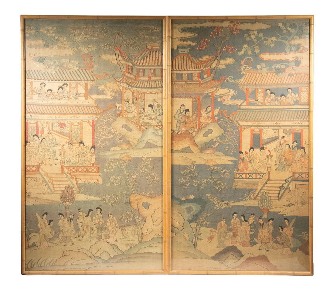 PR CHINESE FIGURE KESI HANGING PANELS WITH GILT THREAD, QING DYNASTY