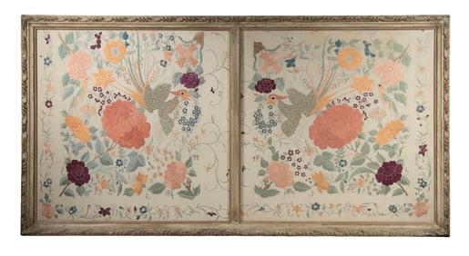 PAIR OF CHINESE EMBROIDERED SILK PANELS IN ONE FRAME