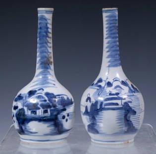 PR CHINESE BLUE & WHITE BOTTLE FORM VASES: Pair of Late 19th c. Petite Vases, each with bulbous body and narrow neck, with waterside village decoration, possibly made for the Vietnamese market. Each: 6 1/2 x 3 x 3 in. (16.5 x 7.6 x 7.6 cm.)