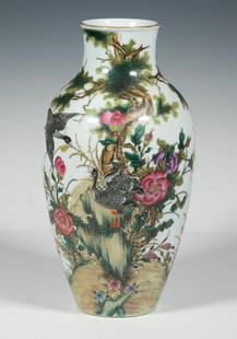 CHINESE FAMILLE ROSE PORCELAIN VASE WITH BIRDS AND FLOWERS, REPUBLIC PERIOD: A baluster-form porcelain vase finely painted in famille rose enamels with a lively scene of three birds among blooming peonies and tree branches. The composition is skillfully rendered with vibrant c