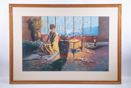 PASTEL OF JAPANESE INTERIOR, ILLEGIBLY SIGNED