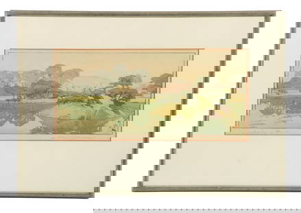 HIROSHI YOSHIDA (1876 1950),  A GARDEN IN OKAYAMA  ORIGINALLY PUBLISHED IN 1933: Color woodblock print on paper, pencil signed lower right "Hiroshi Yoshida" and titled in English lower left. Artist s seal in red and black lower right. Originally published in 1933 (Showa 8) by Yosh