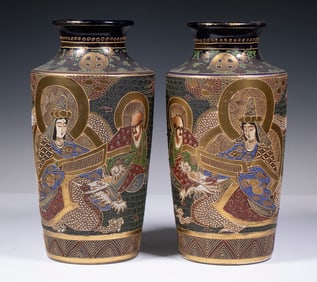 PR JAPANESE SATSUMA MORIAGE PORCELAIN IMMORTALS VASES