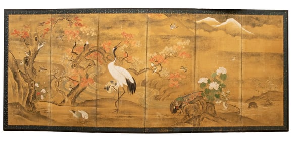 MAGNIFICENT 6 FOLD JAPANESE FOLDING SCREEN, EDO PERIOD CRANES AND BIRDS, SEALED